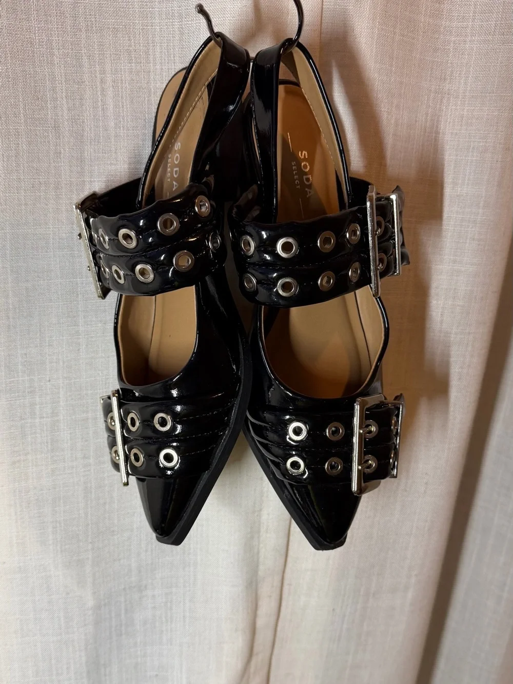 Soda Black Patent Pointed Mary Jane Flats with Silver Eyelet Buckles